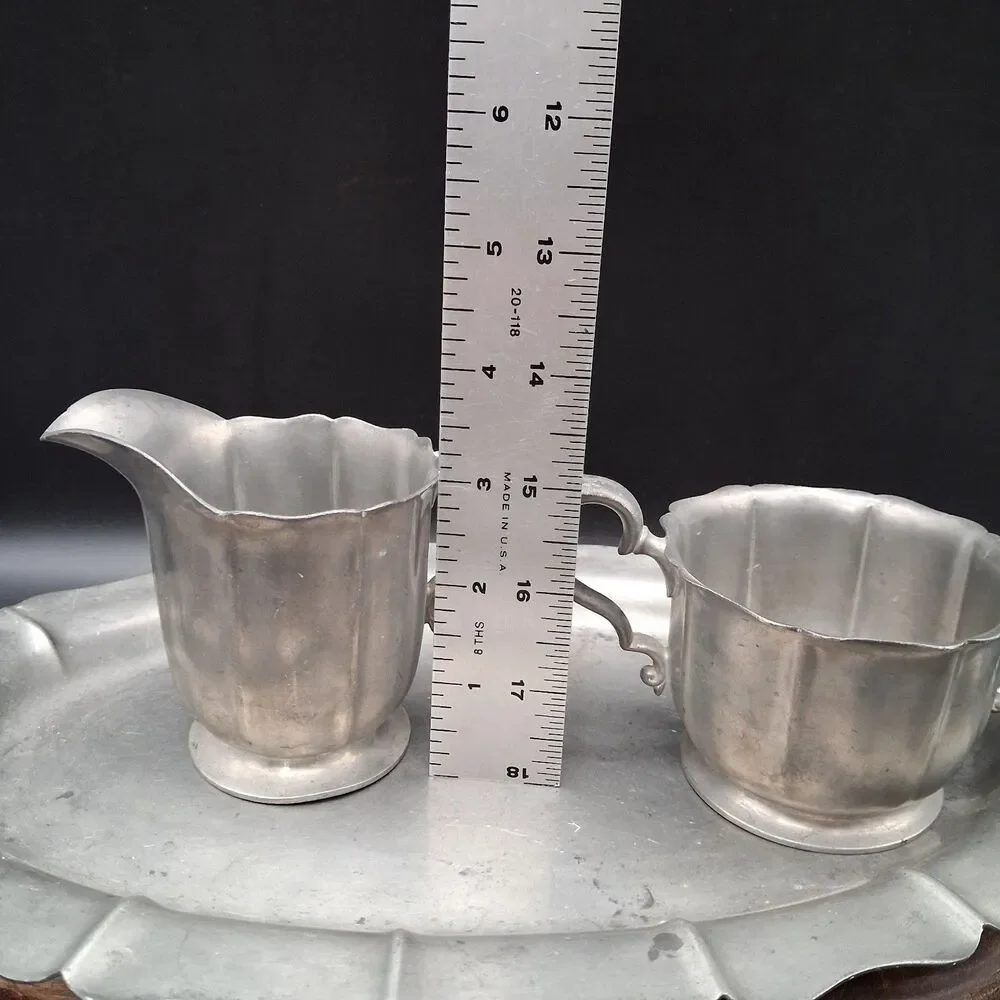 Vtg Flagg & Homan Pewter Creamer Sugar Tray Set #138 Colonial Farmhouse Serving
